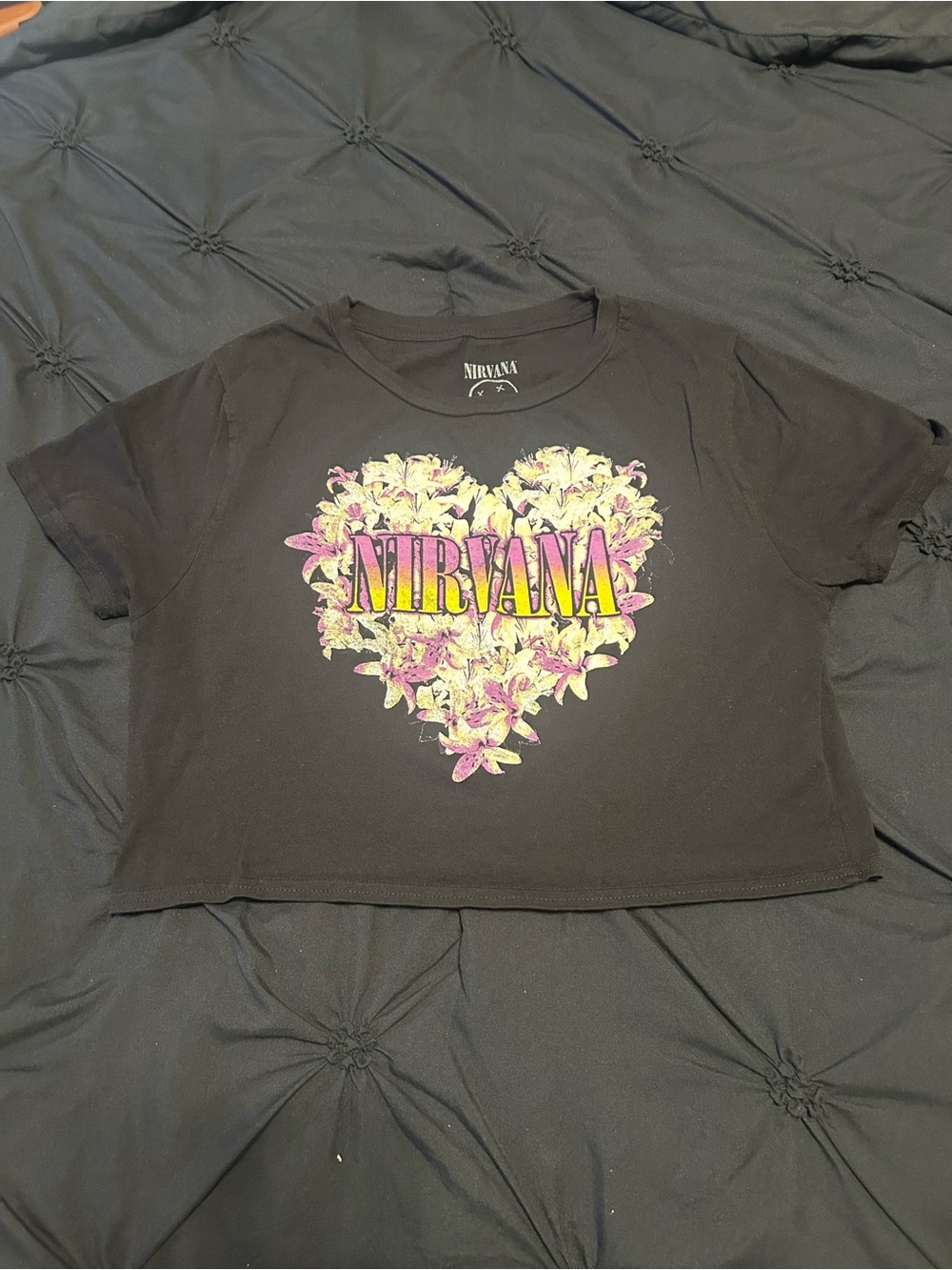 Fashion Nova Black Cropped Tee with Pink and Yellow Floral Heart